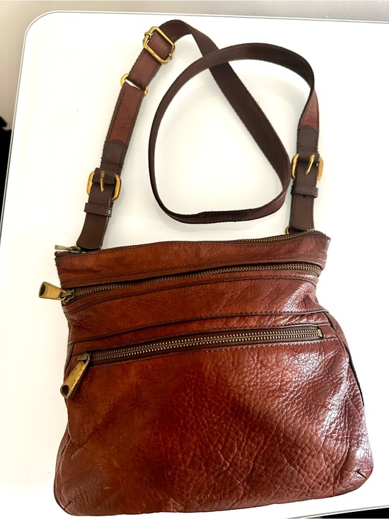 Fossil Handbags - Fossil Brown/Burgandy Leather Crossbody Bag with Front Zip Pockets